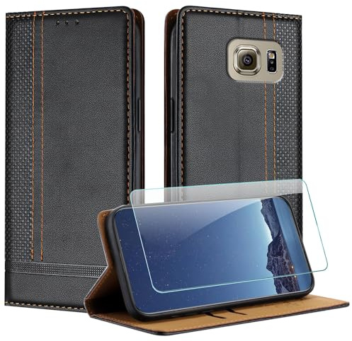 JayModCase Hülle für Samsung Galaxy S6 und Schutzfolie, Premium Leder Flip Schutzhülle mit [Kartenfächer] [Ständer] [Stoßfest] [Magnet] Handyhülle für Samsung S6 - Schwarz