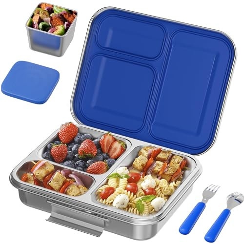AOHEA Lonchera grande de acero inoxidable, 3 compartimentos y recipiente adicional, capacidad para una variedad de alimentos, caja bento de metal para adultos, apta para lavavajillas, para la escuela
