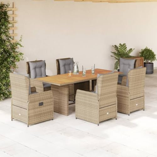 IKAYAA Polyrattan Sitzgruppe für 6 Personen, Gartenmöbel Set mit Tisch und 6 Verstellbare Hochlehner Stühlen, Essgruppe für Garten Terrasse und Balkon, inkl. Sitzkissen Beige