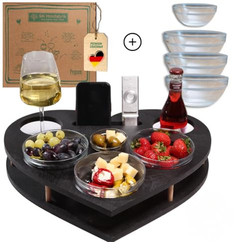 PEGSEN Herz Couchbar in Schwarz - Sofatablett mit 4 Glasschalen [stabil & sicher] - Couch Bar Snackbox personalisiert - Couchtablett mit Getränkehalter