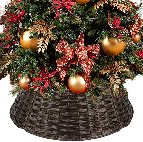 Weihnachtsbaum-Halsband, 66 cm, handgefertigt, künstliches Rattan, Korb, gewebter Baumringständer, Basisabdeckung für Feiertage, Weihnachtsdekoration, rund, Braun