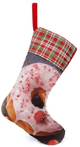 Pailletten-Weihnachtsstrümpfe, Erdbeer-Donut-Druck, Weihnachtsstrümpfe, Weihnachtsbaum-Weihnachtsstrümpfe