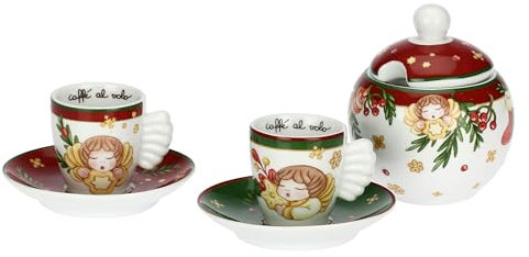 THUN, Set 2 Tazzine Espresso e Zuccheriera In Porcellana, Collezione Sorprese di Natale, Idea Regalo per Natale, Tazzina Ø 5,8 cm, 6,2 cm h e Piattino Ø 12 cm, Zuccheriera Ø 10,5 cm