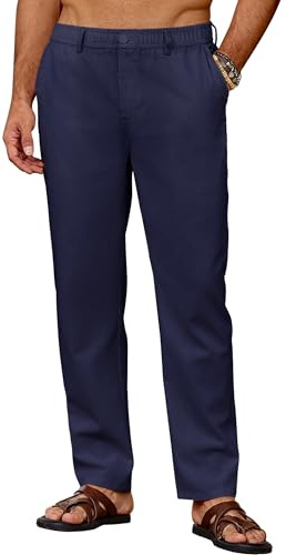 COOFANDY Pantalon Homme en Lin Léger Pantalon d'été Décontracté Pantalons de Plage Uni avec Poches Taille Elastique Bleu Marine XXL