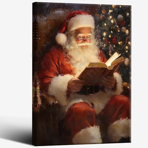 ECUASMR Leinwandbild, Vintage-Stil, Weihnachtsmann, Lesen, Buchung, Bilder für Wanddekoration, Frohe Weihnachten, Poster, Hobby, Lobby, Weihnachtsmann, Wanddekoration, Geschenke, 30,5 x 40,6 cm,