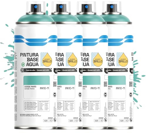 Etrexonline Pintura Spray Ecológica 400ml - Base Agua, Sin Olor - Para Muebles, Metal, Plástico y Madera - Colores Vivos y Permanentes, Cobertura Uniforme - Verde París, 4 unidades