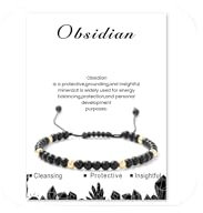 Hernin Bracelets de Pierres Naturelles pour Femmes 4mm Naturelle Bracelet avec Perles en Or Bracelet Naturel Réglable avec Corde Tressée pour Femmes Hommes (Obsidienne)