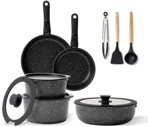 BOREINE Batterie de cuisine, Set induction casserole et poêle tout feux avec couvercle, Lot poêle avec poignée amovible, Revêtement antiadhésif, Compatible au four (Noir 14 Pce)