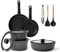 BOREINE Batterie de cuisine, Set induction casserole et poêle tout feux avec couvercle, Lot poêle avec poignée amovible, Revêtement antiadhésif, Compatible au four (Noir 14 Pce)