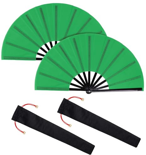 Nydotd 2 Packs Large Rave Fan Handheld Folding Fans Nylon Cloth Foldable with Holder Sleeve for Men and Women Performance Line Dance Chinese Kung Fu Tai Chi Decorations Festival Party Gift (Green)