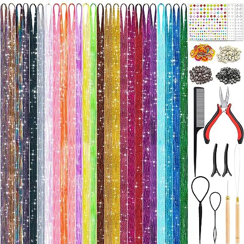 25 Haar Lametta mit Werkzeug Set 5000 Haar-Glitzer Strähnen 48 Zoll Hitzebeständige Haar Tinsel Extensions, Funkelnde Glänzende Highlights, perfekt für Weihnachten, Halloween, Neujahr, Cosplay Party