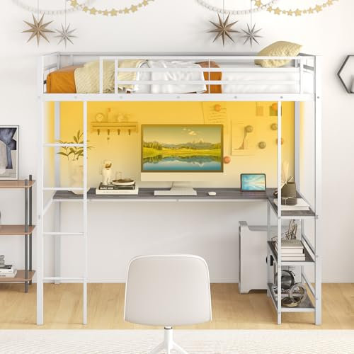Multigot Bunk Bed with Desk, 3FT Metal Frame Ladder Loft Bed with RGB LED Lights, Charging Station, Storage Shelves and Guardrail, Space-Saving Single High Sleeper Gaming Bed for Teens Adult (White)