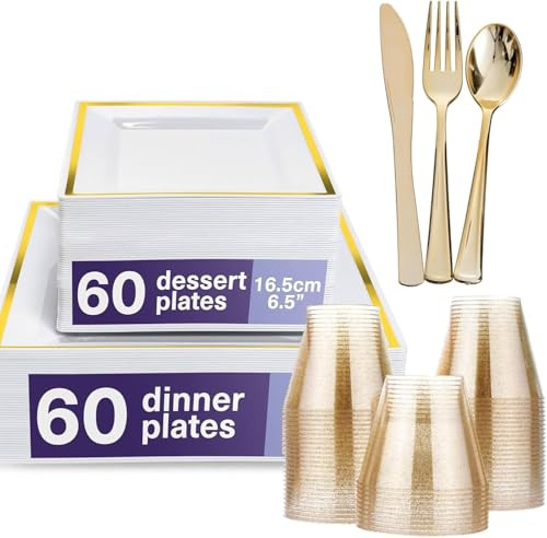 MATANA 360 Pcs Premium White Square Plastic Plates with Gold Rim (60x Dinner, 60x Dessert) 60 Clear Hard Cups (255ml) & 180 Elegant Gold Cutlery Set (Knives, Forks & Spoons)