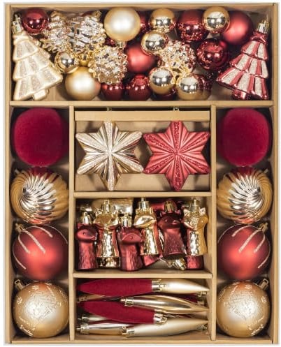 KI Store 72 Stuck Weihnachtskugeln rot Gold Champagner Set Kunststoff Weihnachtsschmuck samt Weihnachtsdeko Plastik, christbaumskugeln groß 9cm zapfen