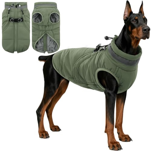 SAWMONG Windproof Waterproof Dog Coat, Reflective Dog Jacket with Built-in Harness, Fleece Lined Cold Weather Coat with Zipper for Winter, Cold Weather Outdoor Adventures(L,Green)