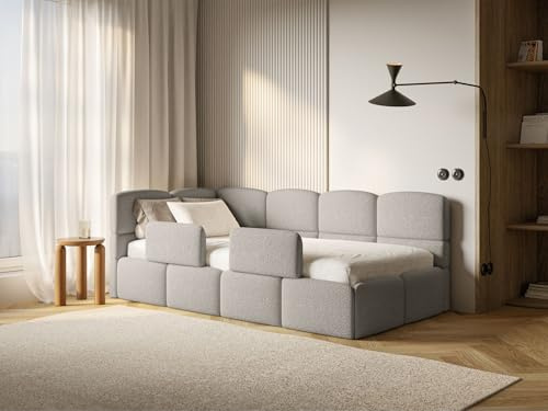 Selsey Jugendbett 90x200 cm Links Komfortables Polsterbett mit Bettkasten Sicherer Schlaf Rausfallschutz-Gitter Modernes Design Stabiler Holzrahmen Taupe Ideal Kinderzimmer