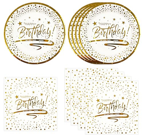 DHAIQC 50PCS Birthday Paper Plates and Napkins Party Supplies, Black Gold Dot Party Plates Napkins Disposable Tableware Set for Birthday Party Decorations (White/Gold)