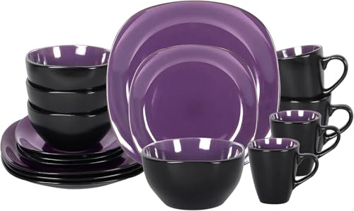 Stoneware Square 16pc Dinnerware Set, Inside Shiny Purple and Outside Matte Black