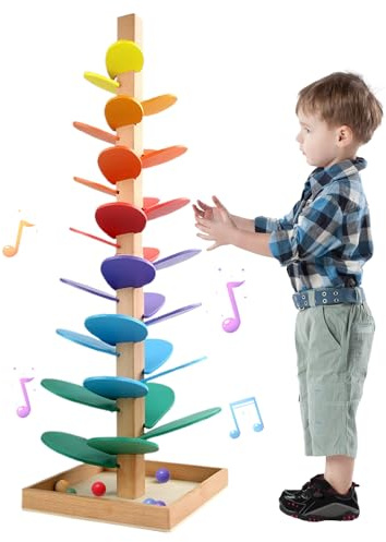 MeYuxg 72cm Kreatives Klangbaum Kugelbahn aus Holz– Montessori Regenbogen Spielzeug mit 10 Regenbogenbällen und 6 bunten Ebenen – Musikbaum Lernspielzeug für Kinder ab 3 Jahren