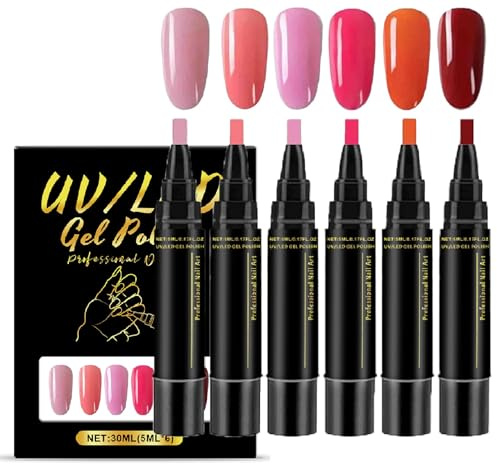 6PCS Nail Polish Pens - Nude Pink Red Nail Varnish Pens - 3 In 1 Gel Nails Polish Pen Set - Non UV Gel Nails Polish Crafts Pen - DIY Nail Pens for Girls and Ladies