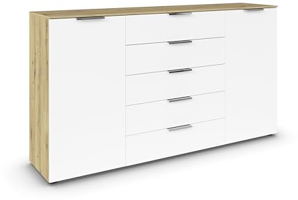 Rauch Möbel Flipp, Kommode, Farbe Weiß/Eiche Artisan, Breite 180 cm | Sideboard, 2-türig, 5 Schubladen, Soft-Close-Funktion, für Schlafzimmer, Gästezimmer, Wohnzimmer, Garderobe, Flur