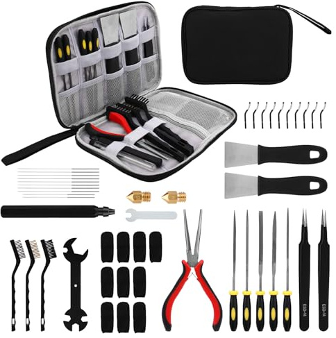64pcs 3D Printer Tools Kit with Storage Case, 3D Printer Accessories with Deburring Tool Cleaning Brush Cleaning Needle Wrench Scraper Tweezers Metal Files Brass Nozzle for Bambu Lab Kobra