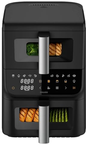 4Swiss Airfryer 10L Heißluftfritteuse Heissluftfritteuse mit 2 Kammern Air Fryer und Doppelkammer Double Stack Heißluft Fritteuse Aerogrill Heißluftfriteuse Friteuse Dual XXL Luftfritteuse - ABB-225