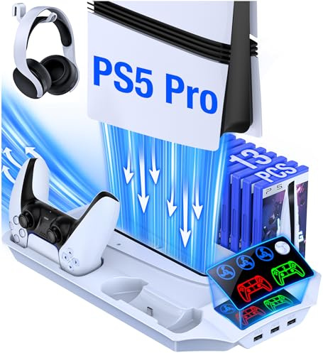PS5/Slim/Pro Cooling Station with Dual Controller Charger, 3-Speed Turbo Fan, USB Hub, Game Card Storage & Headset Holder for Playstation 5 Console