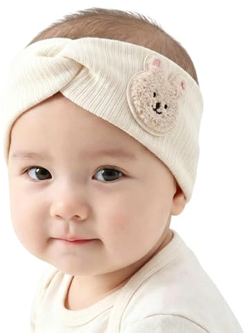 Fascia Capelli Neonata con Orecchie di Coniglio, Morbida Fascia Neonato Elastica per Bambina, Turbante Intrecciato per Neonati, Accessori Capelli per Foto e Battesimo, Beige