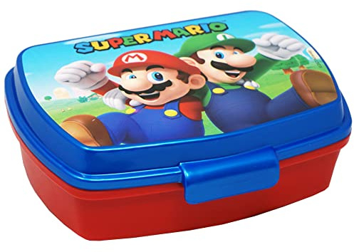 Clondo Portacomida para Niños de 3 a 8 Años para Fans de Super Mario (17x14 cm) | Caja Portacomida de Plástico Libre de BPA | Portasnacks para Guardería y Escuela | Cierre de Click