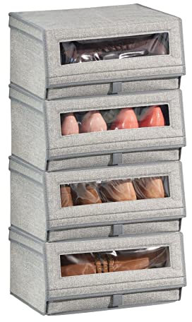 mDesign 4er-Set Schuhaufbewahrung aus Kunstfaser (groß) - stapelbare Schuhbox mit Sichtfenster, Klettverschluss und Klappdeckel - praktische Aufbewahrungsbox im Schrank oder Regal - Grau, 4er Pack