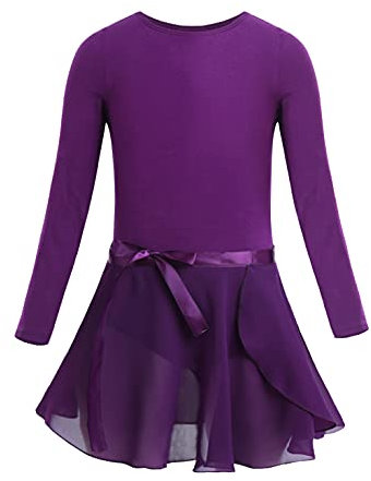 CHICTRY Ballettkleid Kinder Mädchen Langarm Tanzkleid Rundhals Ballett Body Einfarbig Trikot Mit Chiffon Wickelrock Dancewear Dunkel Lila 152-164
