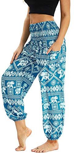 Nuofengkudu Damen Hippie Harems Hose Pumphose Haremshose Aladdinhosen Boho Gemustert Gesmockte Taille mit Taschen Yogahose Freizeithose Sommerhose Strandhose Hellblau Elefant B
