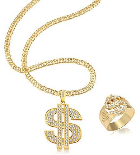 Hip Hop Dollar Halskette & Ringe, Rapper Plated Chain, Hip Hop Hop Plated Ring, Dollarzeichen Anhänger Halskette Kette, Rap Sänger Gold US Dollar Anhänger Kette, Hip Hop Hop Rapper Zubehör