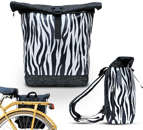Ikuri Fahrradtasche/Rucksack Kombi Fahrradrucksack aus Plane für Gepäckträger Packtasche Wasserdicht für Frauen - Model Zebra