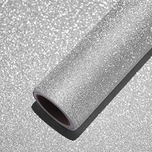 VEELIKE Selbstklebende Dekofolie Glitzer Silber Klebefolie Möbel 40cm X 300cm Geschenkpapier Möbelaufkleber für Wohnzimmer Schlafzimmer Schminktisch Arbeitsplatte Küche Tisch Schrank