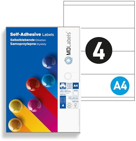 MDlabels Universal Etiketten DIN A4-210x69mm, 400 Labels- Mattes Papier Klebeetiketten– bedruckbare - Weiß - Barcode-Aufkleber- Versandetiketten selbstklebend