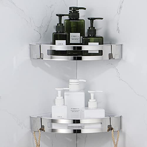 GERUIKE Bathroom Corner Shelves Shower Storage No Drilling Shower Shelf Rustproof Stainless Steel with 4 Hooks for Kitchen and Bathroom Wall Mounted - 2 Pack