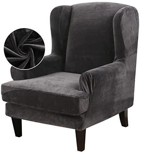 TOPCHANCES Wingback-Stuhlhusse, 2-teilig, Stretch-Samt, Plüsch, Flügellehne, Sesselbezug mit elastischer Unterseite für Ohrensessel, Sessel (dunkelgrau)
