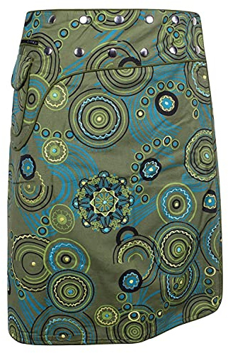 Vishes - Alternative Bekleidung - Wickelrock kurz Rock zum Wickeln Druckknöpfe Blumen Kreise Bestickt olivegrün 40-50