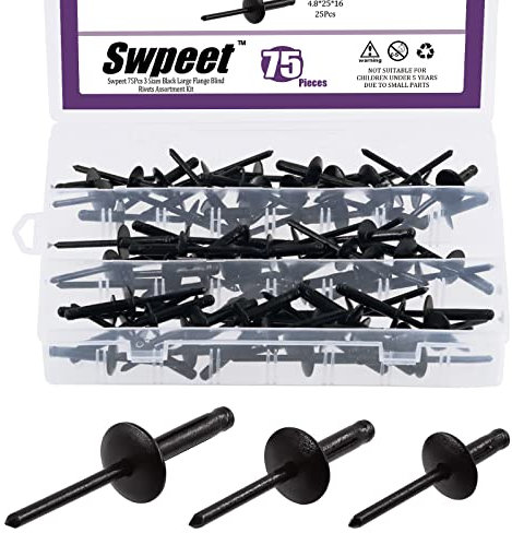 Swpeet S1966 120 rivetti ciechi in alluminio con flangia grande da 3/16 x 3/8 / 4/5 / 1, tutto nero, rivetti ciechi in alluminio con estremità aperta, rivetti a scatto per interni ed esterni