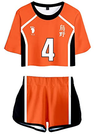 LKY STAR Haikyuu!! Damen Sommer mit Anime Volleyball Crop Top und Shorts, Karasuno Volleyball Mädchen Trainingsanzug 2 Stück Set