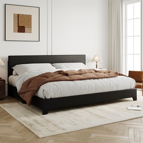 Allewie King Size Gepolstertes Plattformbettgestell mit verstellbarem Kopfteil, stabile Holzlattenstütze, einfache Montage, Schwarz
