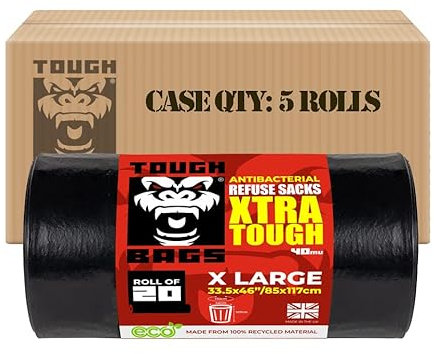TOUGH BAGS Antibacterial X-Large Refuse Sacks - 85 x 117cm 40 μm, 5 x 20 Bag Rolls - Xtra Tough & Strong Bin Liners Bin Bags - Perfect for Domestic, Commercial and Industrial Environments.