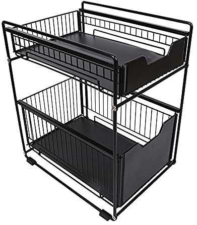 Drumm Tiroir de Rangement à 2 étages,Rganisateur sous évier,Paniers Coulissants Amovibles Coulissant en Métal,Porte-épices pour Cuisine,Salle de bain,Bureau,Noir