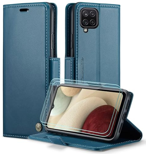 FERLAN Coque pour Samsung Galaxy A12+ 2 Pièces Verre Trempé,Antivol,Prend en Charge Le Chargement sans Fil, Pochette Fermeture Magnétique Flip Case- Bleu