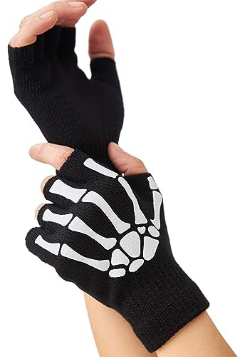 OTPEH Skeleton Gloves for Women Men Adult Fingerless Gothic Gloves Glow in the Dark Halloween Costume Emo Accessories, Fingerless for adults, Adult Size