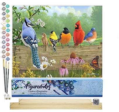 Figured'Art Peinture par Numéro Adulte Oiseaux sur la barrière - Activité Manuelle Kit de Loisir Créatif DIY Numéro d'Art Complet - 40x50cm avec châssis en bois à monter