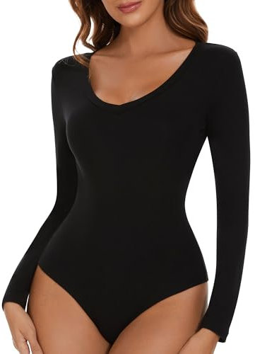 SHAPERIN V Neck Bodysuit Women's Bodysuits Long Sleeve Body Suit Leotards for Women Jumpsuit Top Sexy Bodysuits Tops Black M