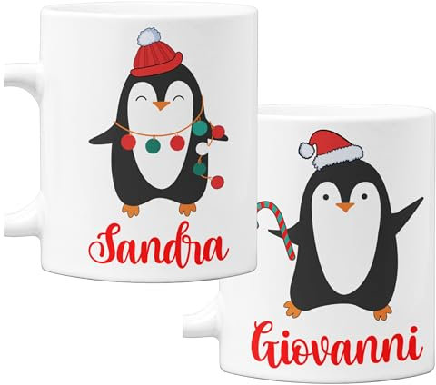 bubbleshirt Coppia Tazze Natale natalizie PERSONALIZZABILI CON NOME Pinguini Idea Regalo Mug in ceramica 11 Oz